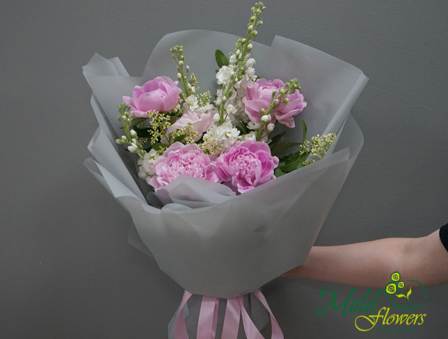 Bouquet with pink peonies and Matthiola photo